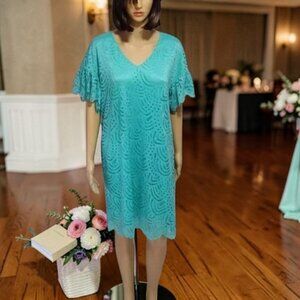 Worthington Dress Turquoise Scalloped Lace Short Sleeve Medium NWT